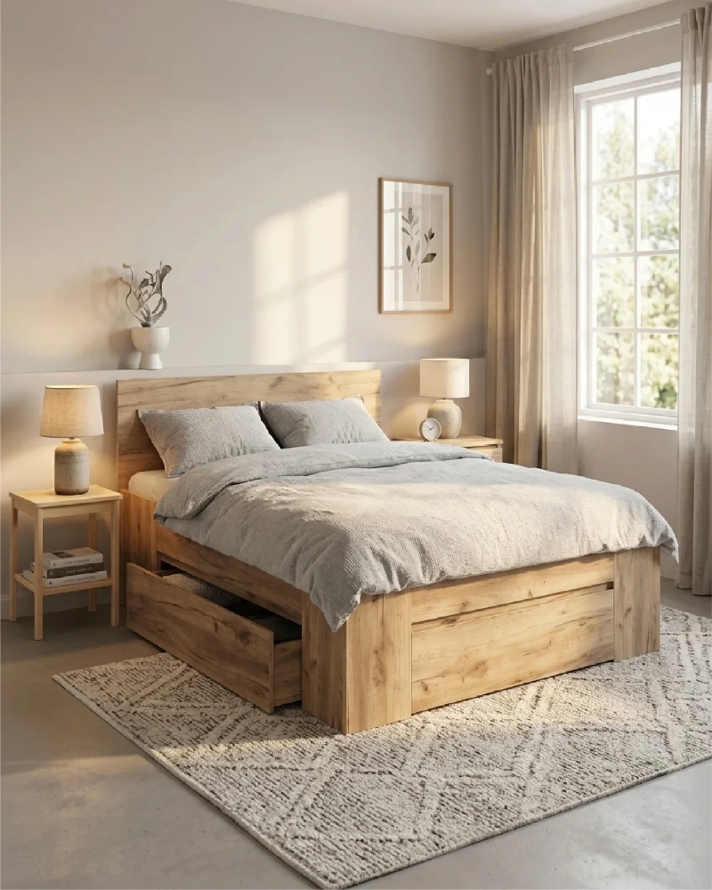 Soft Neutral Bedroom with Wood Frame Bed and Sculptural Paper Pendant