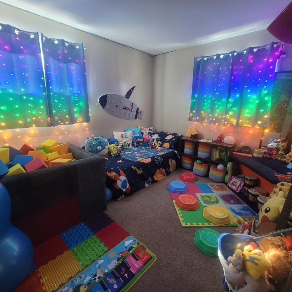 1. Rainbow Light Curtains with Foam Block Play Zone and Space Bedding