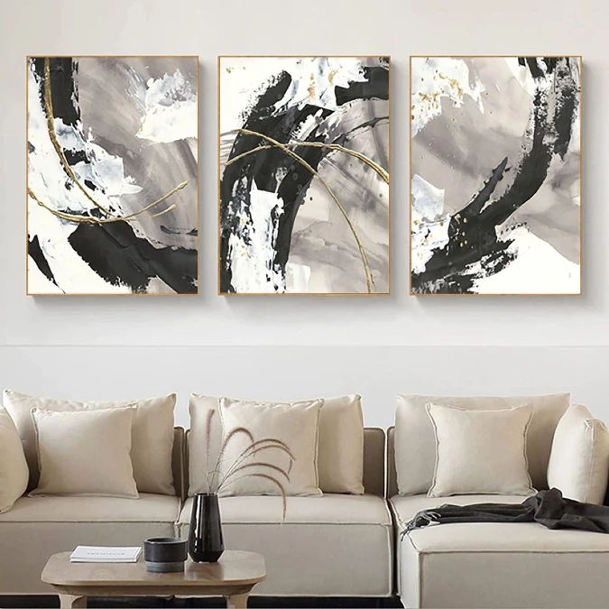 Abstract Gold and Charcoal Triptych Canvas Set