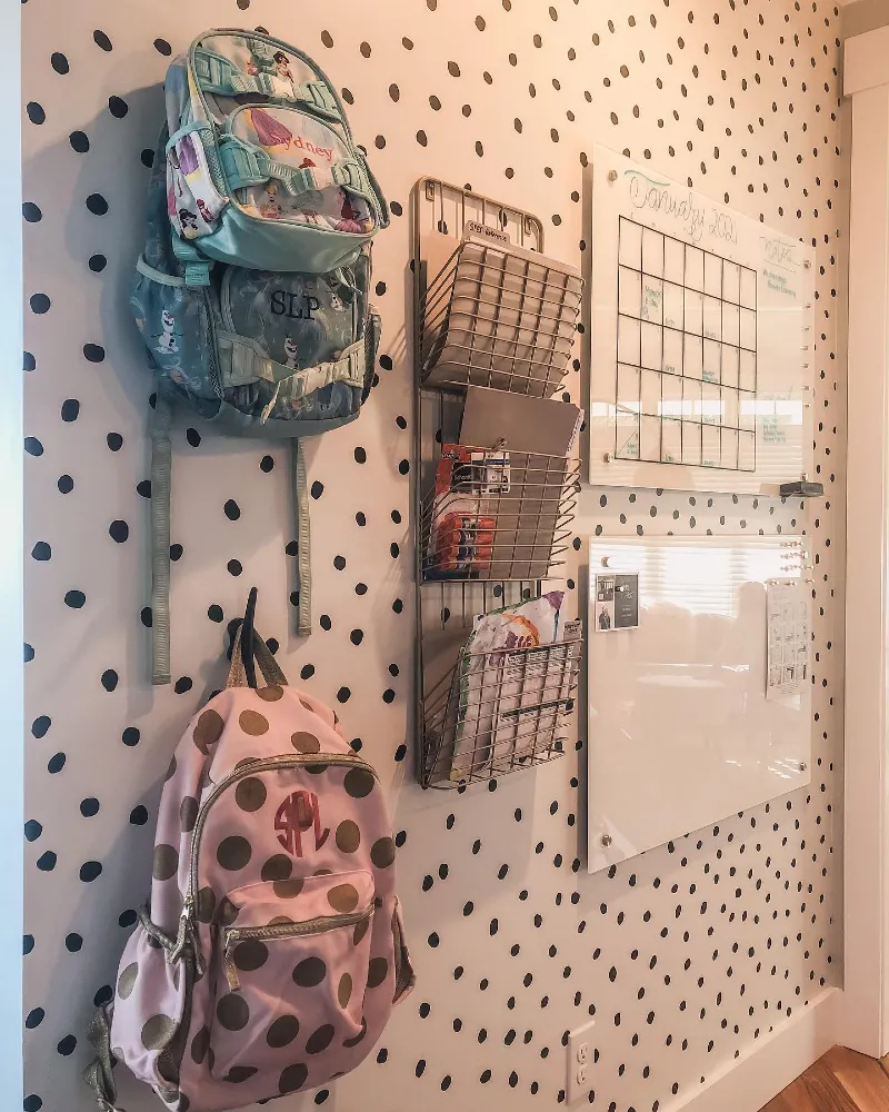 Acrylic Calendar Wall Nook with Wire Baskets and Polka Dot Wallpaper