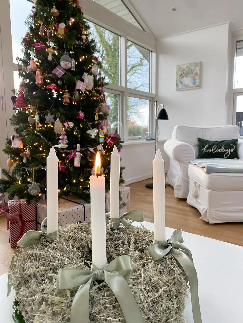 Advent Wreath with Sage Ribbons and Lit Candles
