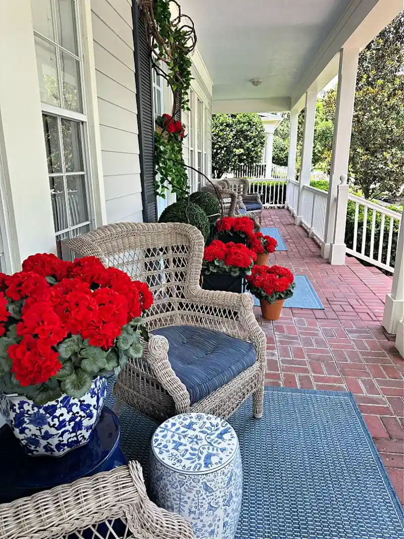 All-Weather Wicker Armchairs with Blue Woven Rugs and Red Geranium Pots