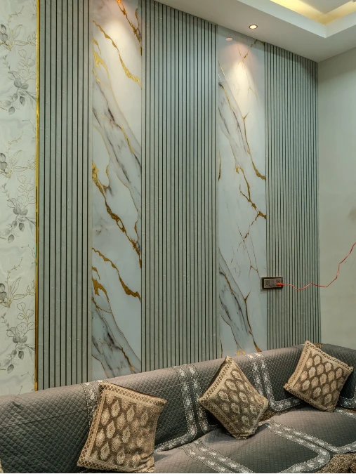 Alternating Marble and Fluted Gray Wall