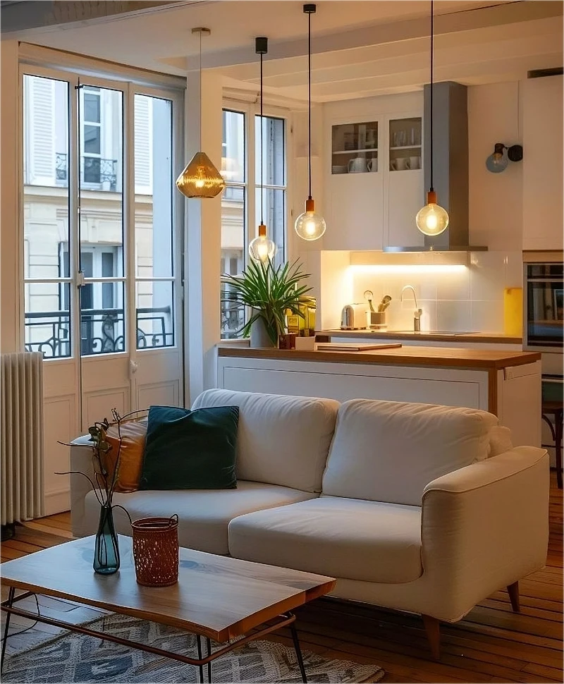 Amber Pendant Lights Above a Warm White Open Kitchen