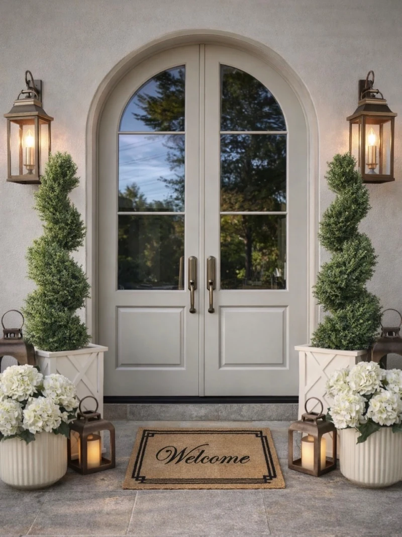 Arched Double Doors with Spiral Topiaries and White Hydrangeas