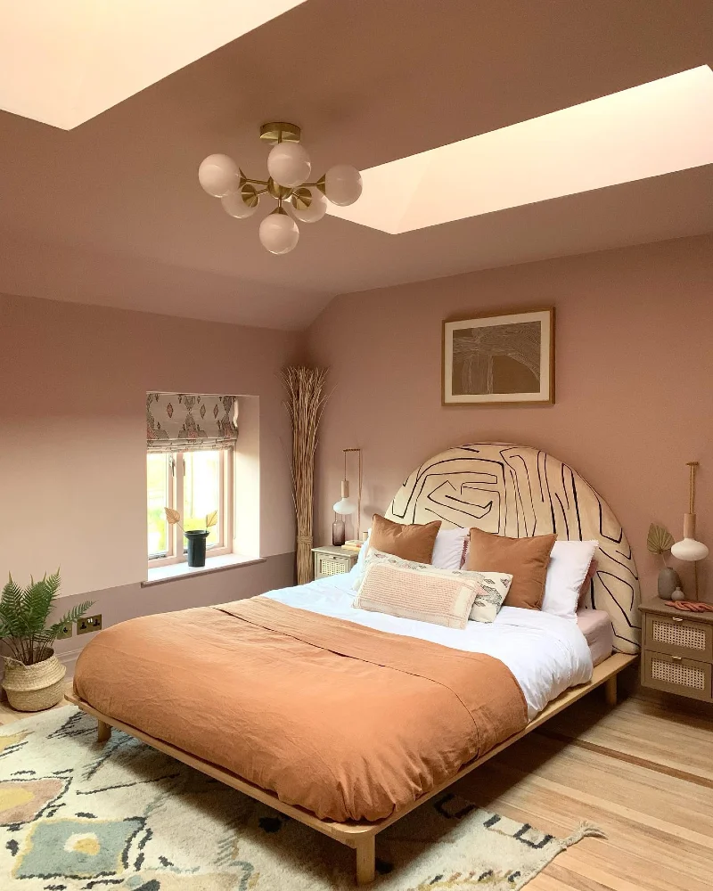 Arched Graphic Patterned Fabric Headboard in Terracotta Pink Attic Bedroom