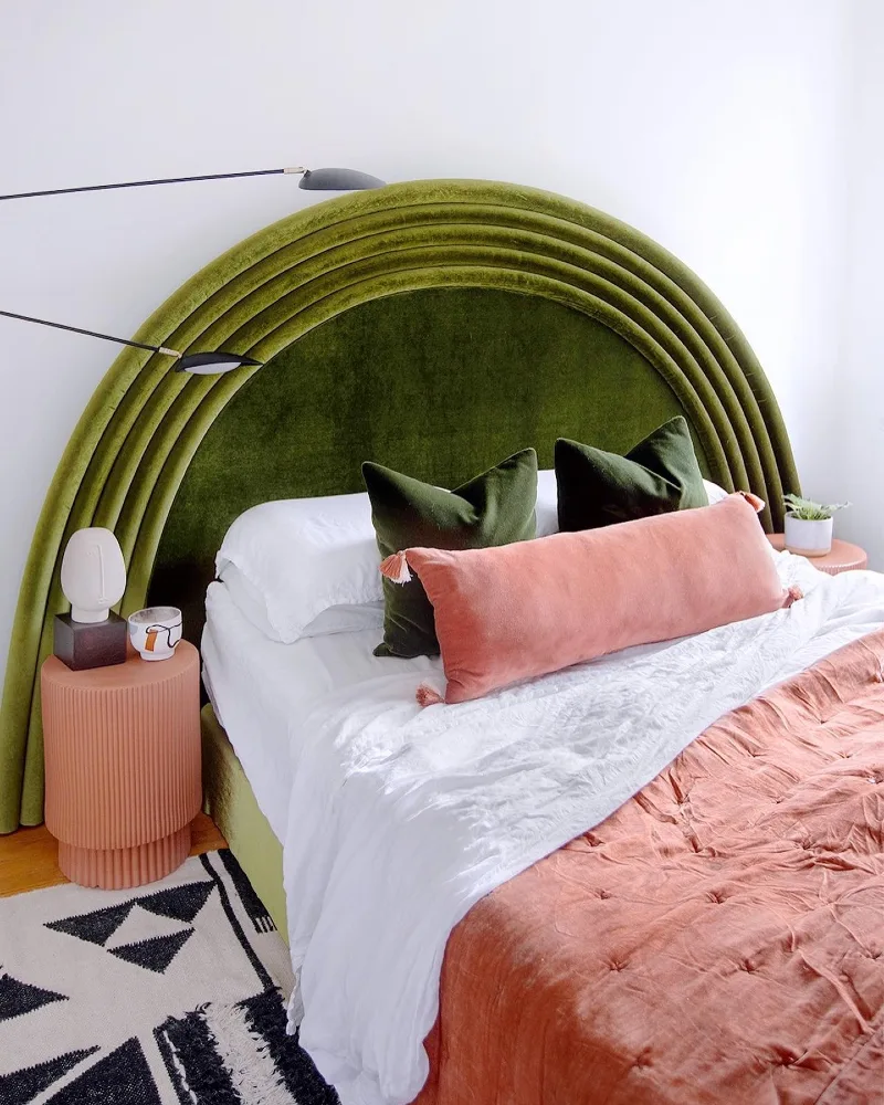 Arched Moss Green Velvet Rainbow Headboard with Terracotta Accents