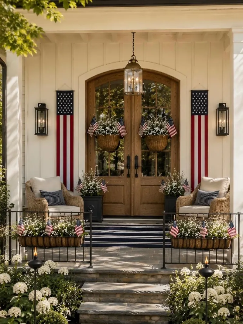 Arched Oak Double Doors with Hanging Woven Baskets and Vertical Flag Banners