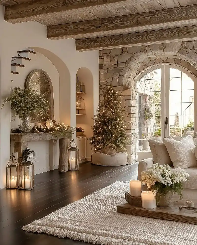 Arched Stone Doorway with Lighted Evergreen Tree and Woven Cream Rug