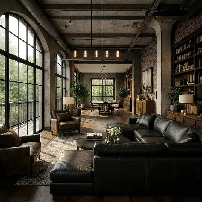 Arched Window Living Room With Black Leather Sofas And Exposed Pipes