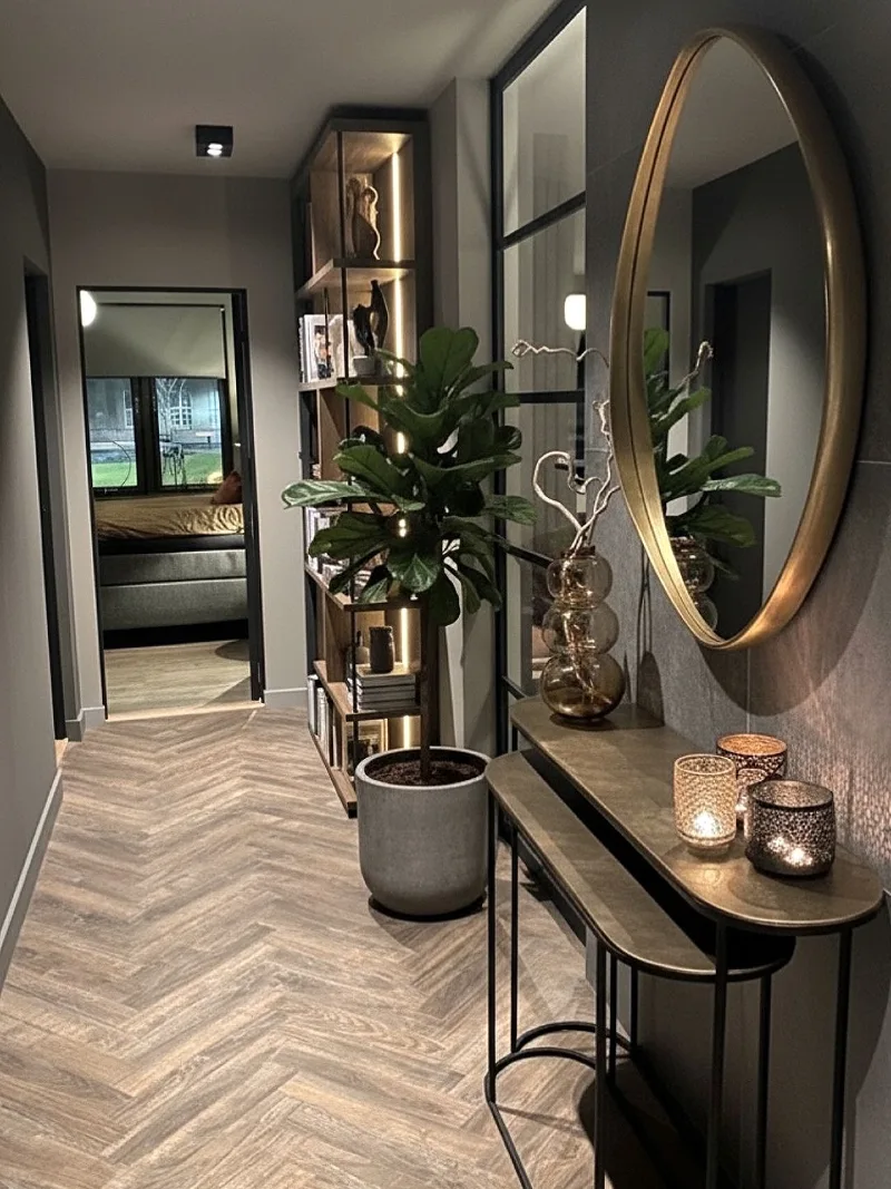 Asymmetrical Brass Mirror with Tiered Console Table and Integrated Shelf Lighting