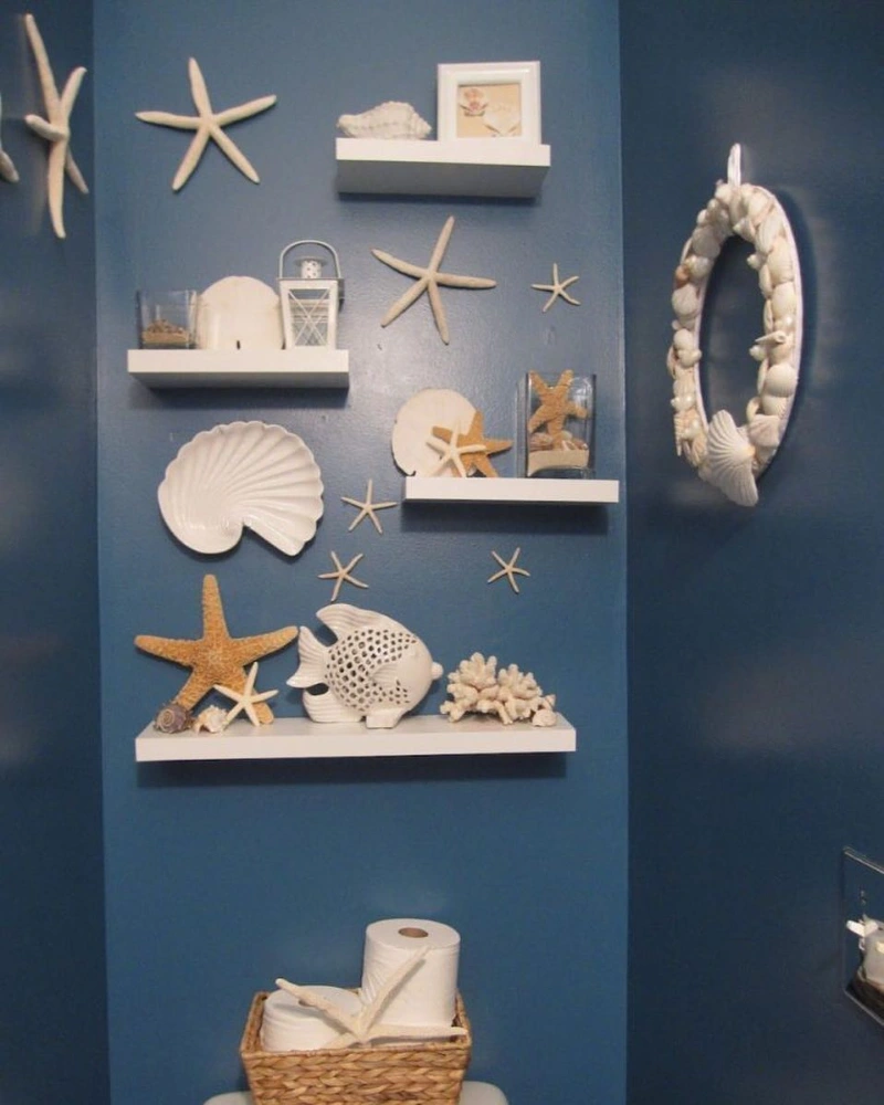 Asymmetrical Floating Shelves with Oceanic Accents