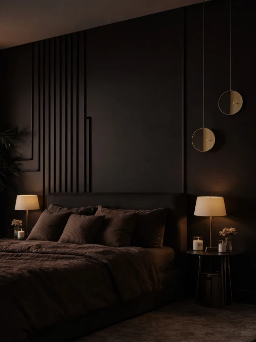 Asymmetrical Wall Slats And Chocolate Linens