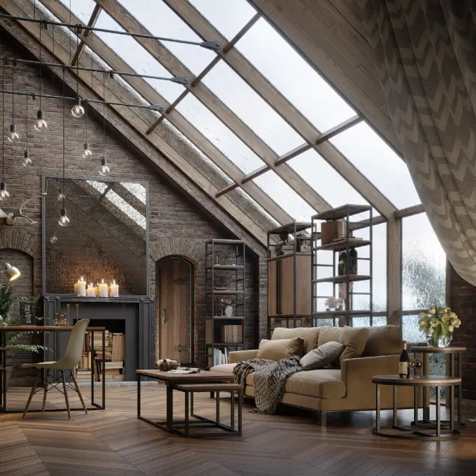 Attic Loft Living Room With Slanted Skylight And Exposed Brick
