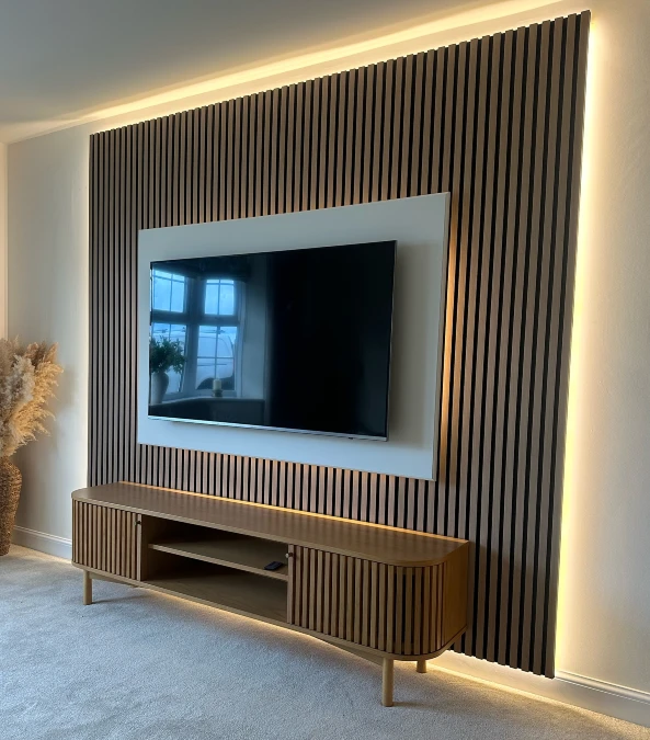 Backlit Floating Media Wall With Slat Panels