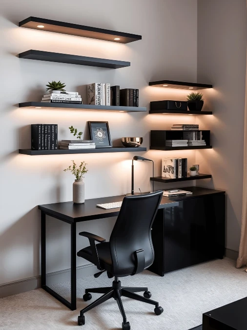 Backlit Floating Shelves And Crisp White Walls