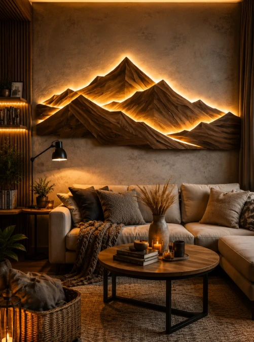 Backlit Sculptural Wood Mountain Range