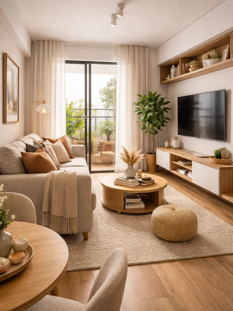 Balcony Facing Layout with Floating Wood Media Wall