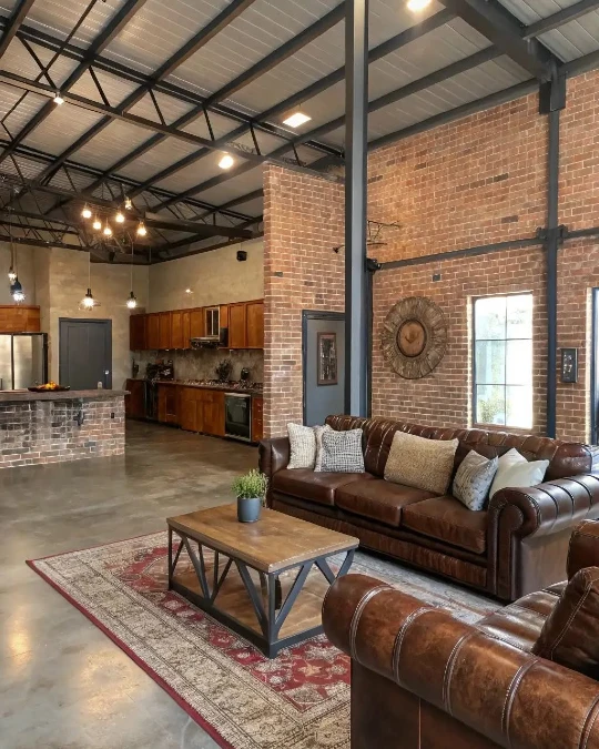 Barn Style Living Room With Chesterfield Sofas And Metal Trusses
