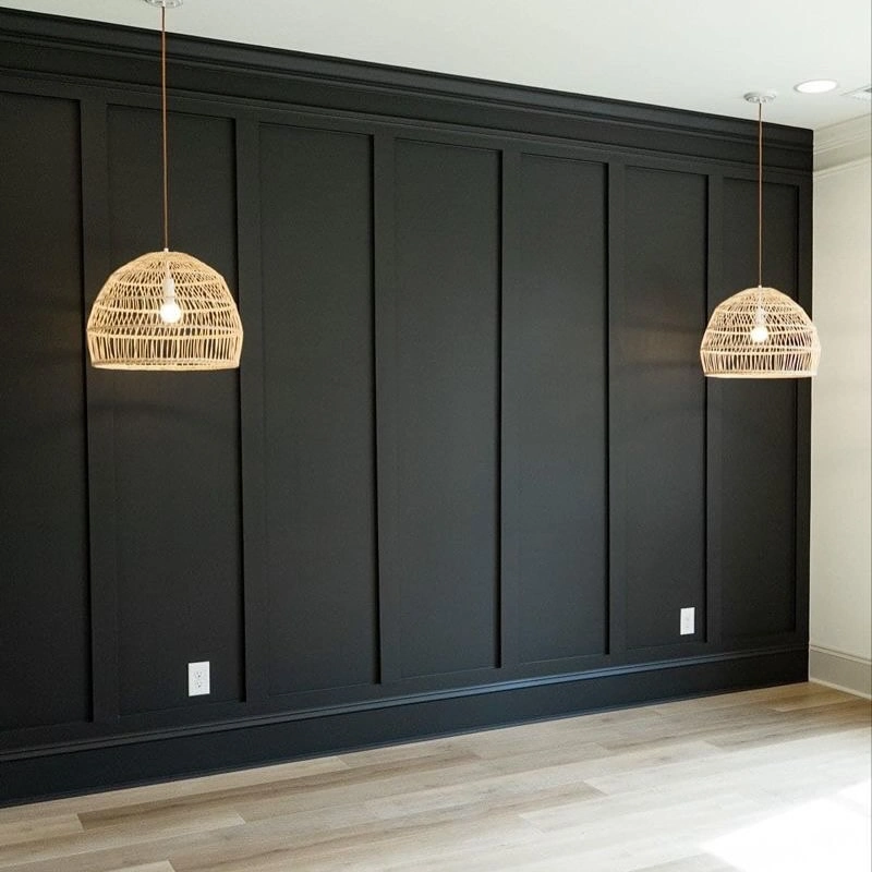 Black Board and Batten Paneling with Woven Rattan Pendant Lights