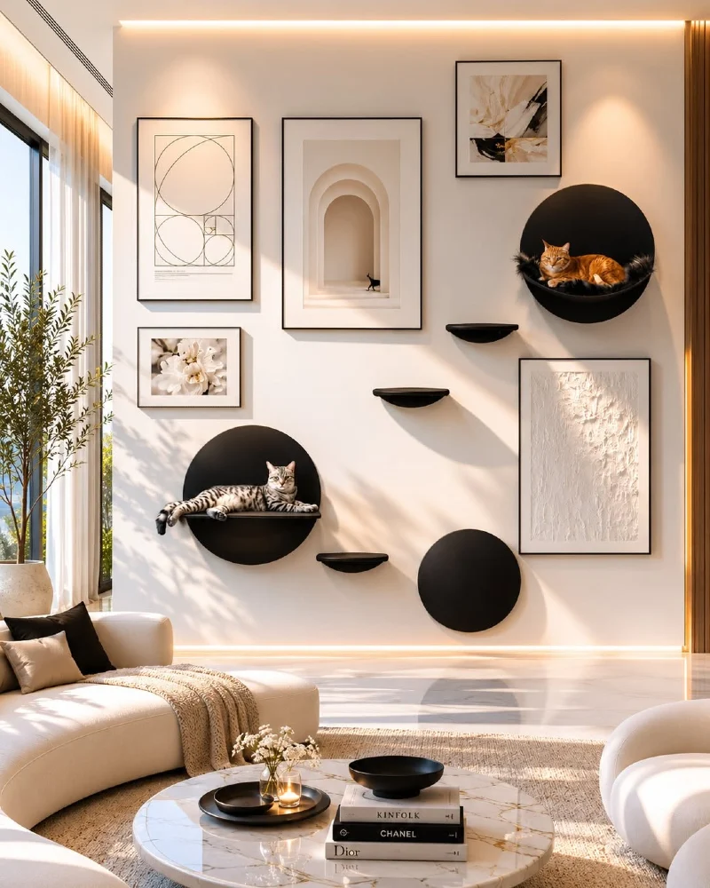 Black Circular Wall Perches Integrated with Gallery Art