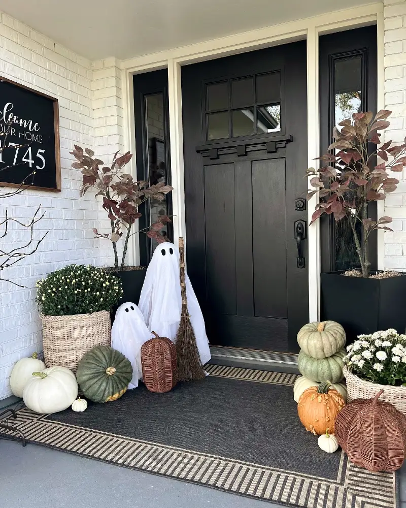 Black Craftsman Door with Fabric Ghosts and Muted Pumpkin Clusters
