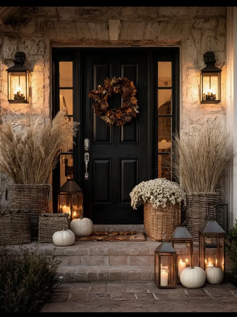 Black Door with Dried Leaf Wreath, Woven Rattan Baskets, and Glowing Copper Lanterns