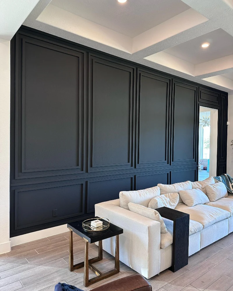 Black Double-Layered Picture Frame Molding Wall with Cream Sectional Sofa