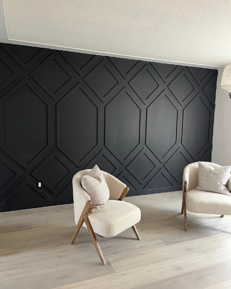 Black Geometric Honeycomb Slat Wall with Cream Accent Chairs and Light Oak Flooring