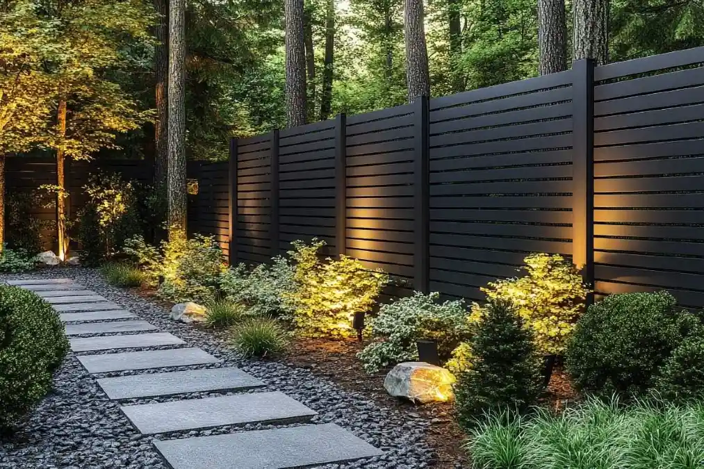 Black Horizontal Fencing With Path Lighting