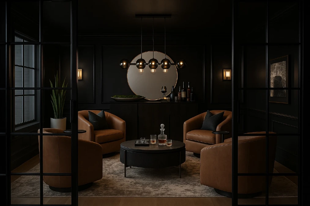 Black Lacquered Snug with Round Chairs and Globe Chandelier
