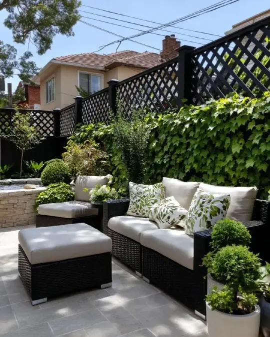Black Lattice Fence Wrapped in Dense Ivy