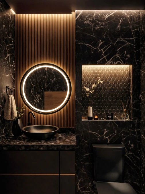 Black Marble Walls and Glowing Wood Slats