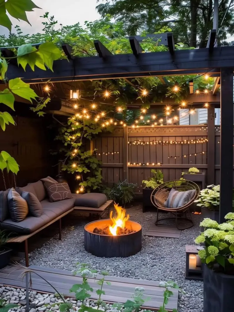 Black Pergola Lounge with Fire Bowl and Twinkling Café Lights