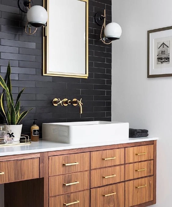 Black Subway Tiles and Warm Walnut Drawers