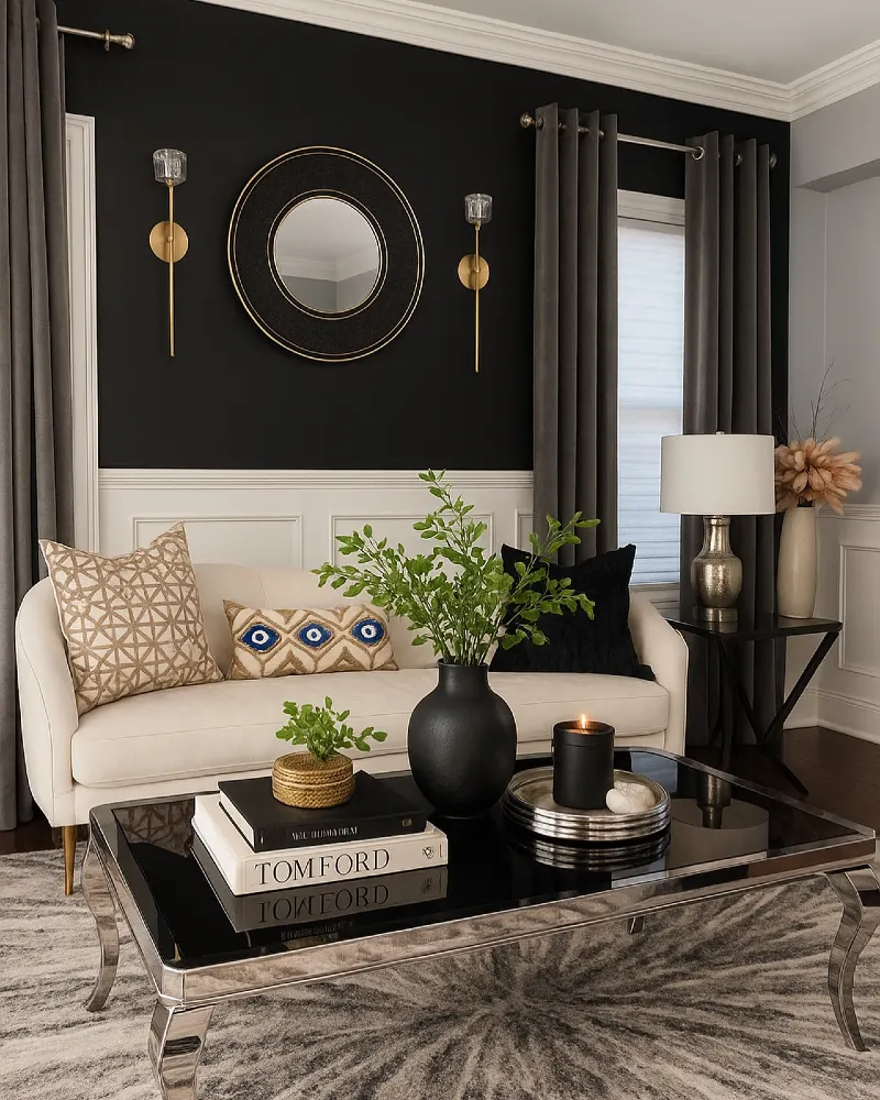Black Upper Wall Over White Wainscoting with Brass Sconces and Chrome Coffee Table
