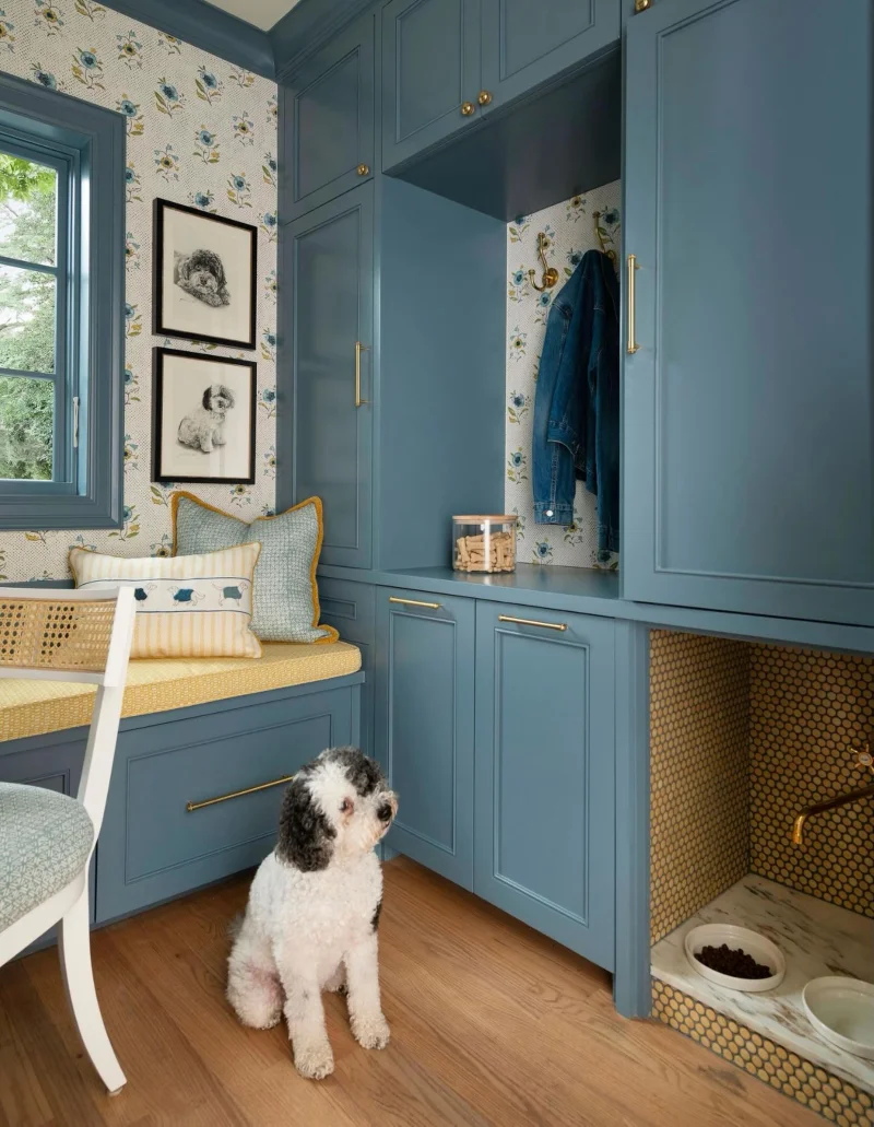 Blue Cabinetry Feeding Station with Penny Tile Backsplash