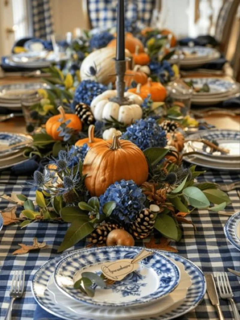 Blue Gingham and Pumpkin Centerpiece
