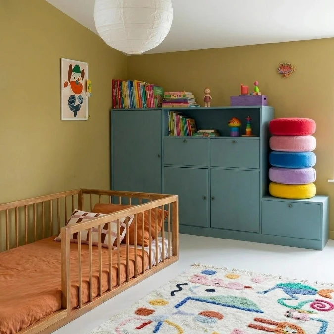 Blue Storage Wall With Floor Bed