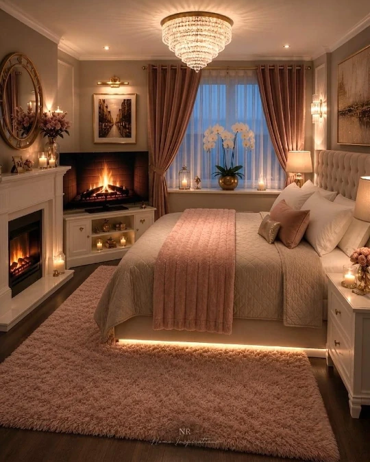 Blush Tones and Layered Bedroom Lighting