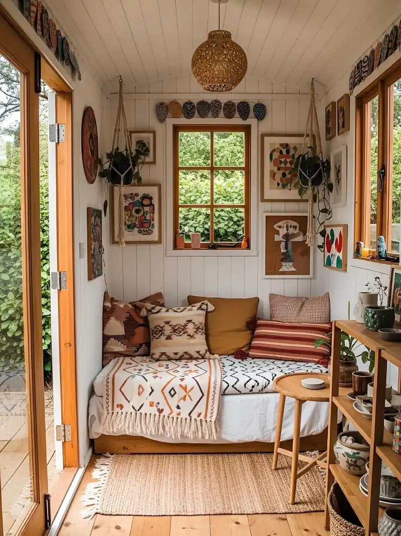 Bohemian Daybed Alcove with Earthy Textiles and Gallery Wall Art