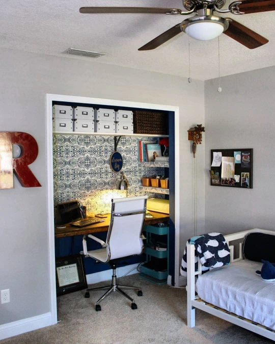 Bold Print Wallpaper Wraps a Kids Closet Study Corner