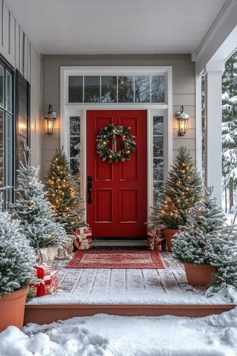 Bold Red Door with Flocked Evergreen Saplings and Festive Present Clusters
