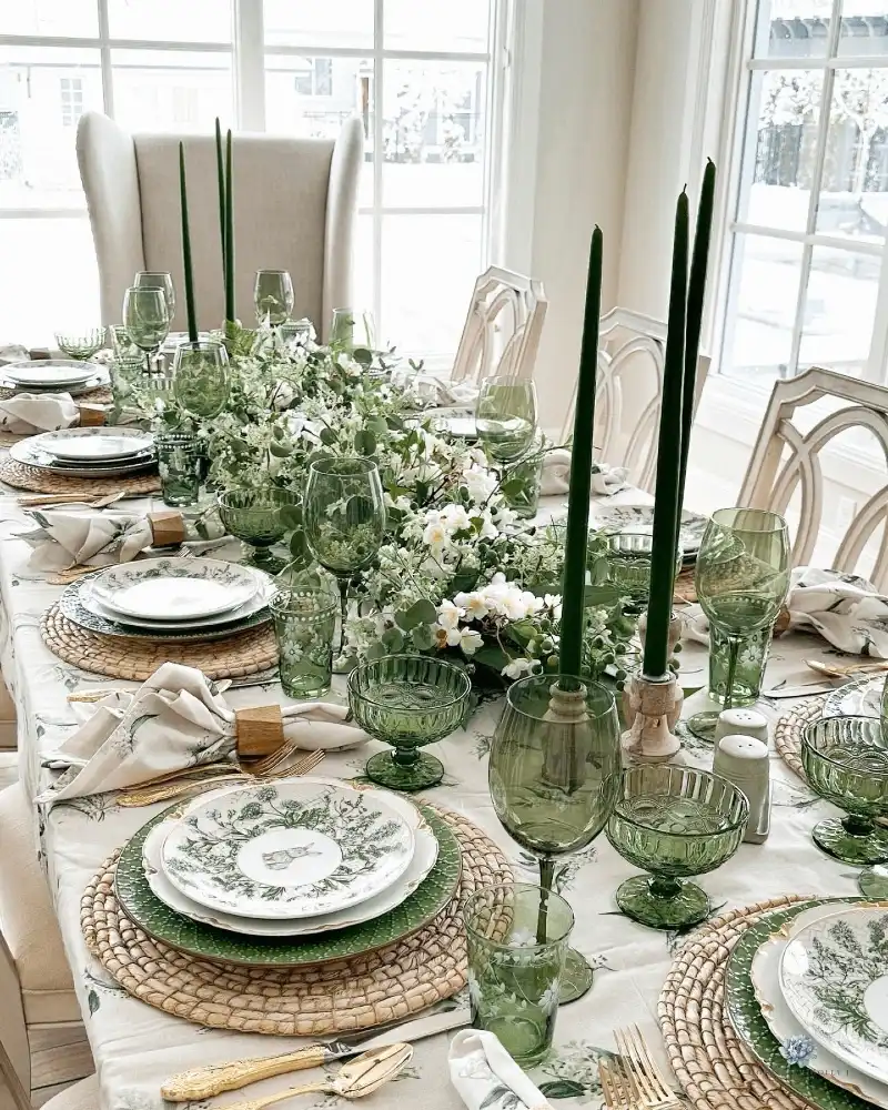 Botanical Green Table with Woven Chargers and Tall Taper Candles