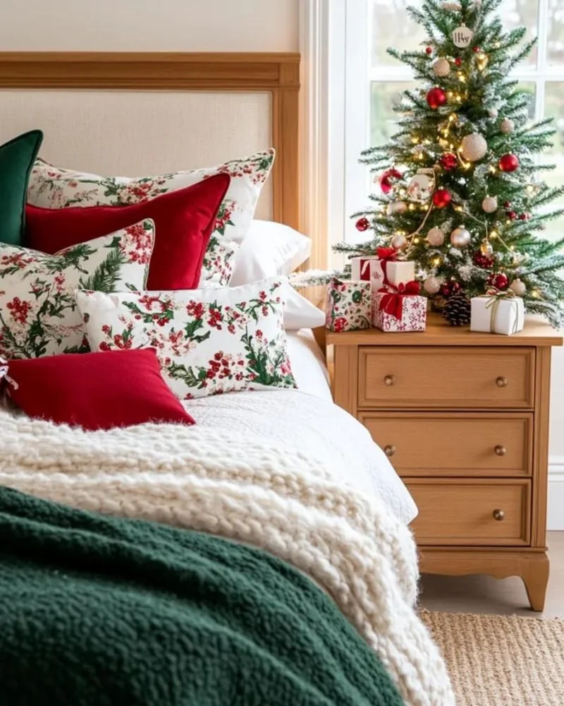 Botanical Winterberry Pillows with Chunky White Knit and Lighted Nightstand Tree