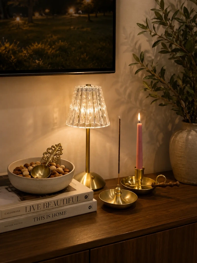Brass Chamberstick with Pink Taper Candle, Fluted Cordless Lamp, and Incense Holder on a Credenza