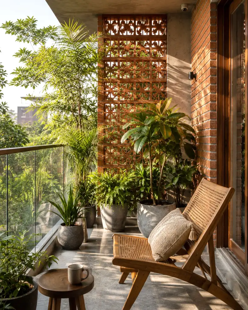Brick Breeze Wall with Cane Lounge Chair and Tropical Greenery