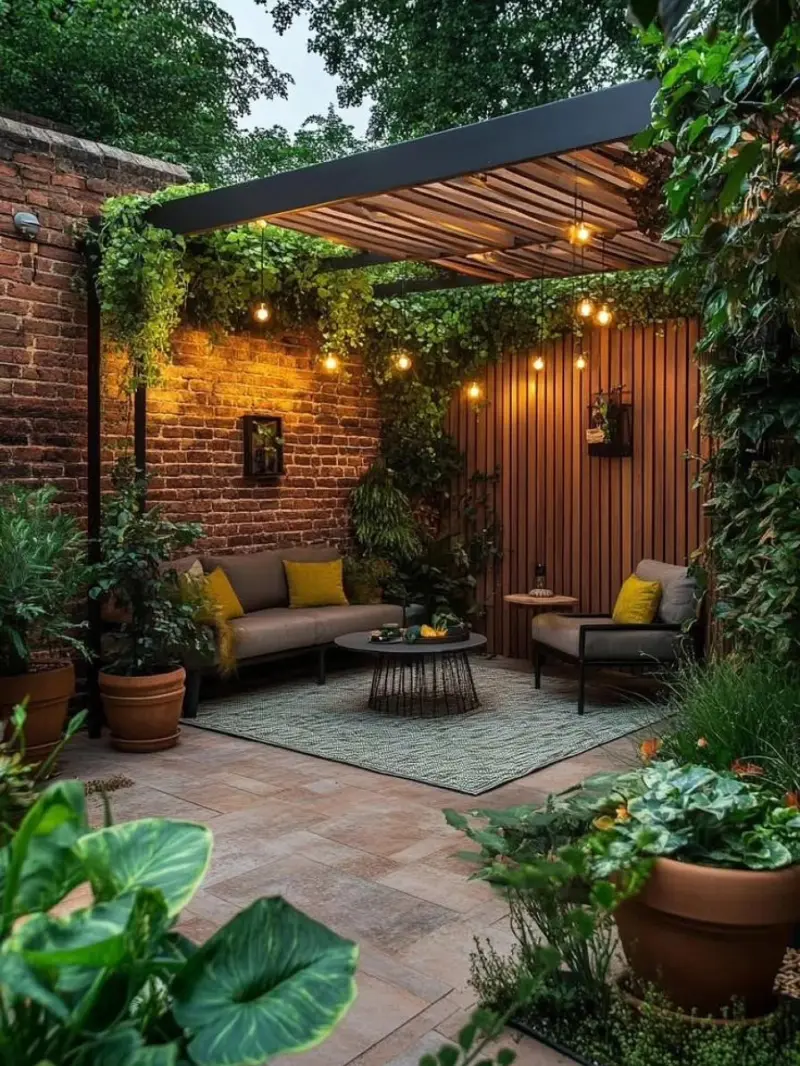 Brick Courtyard Lounge with Modern Pergola and Hanging Edison Lights