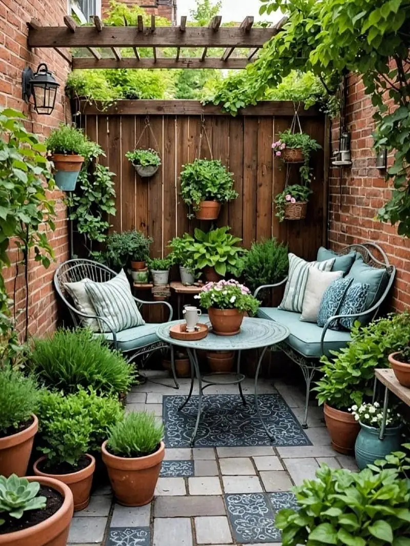 Brick Courtyard Seating Nook with Powder Blue Bistro Chairs and Hanging Planters