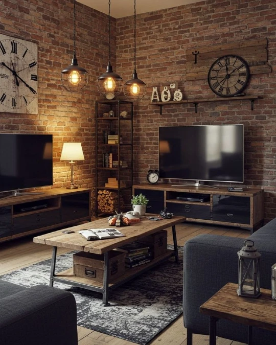Brick Wall Corner Living Room With Caged Pendant Lights